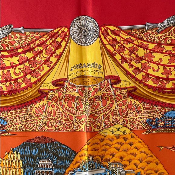Authentic Hermès L’Atlantide %100 Silk Scarf Carré 90 Red Orange Made in France - Picture 8 of 15
